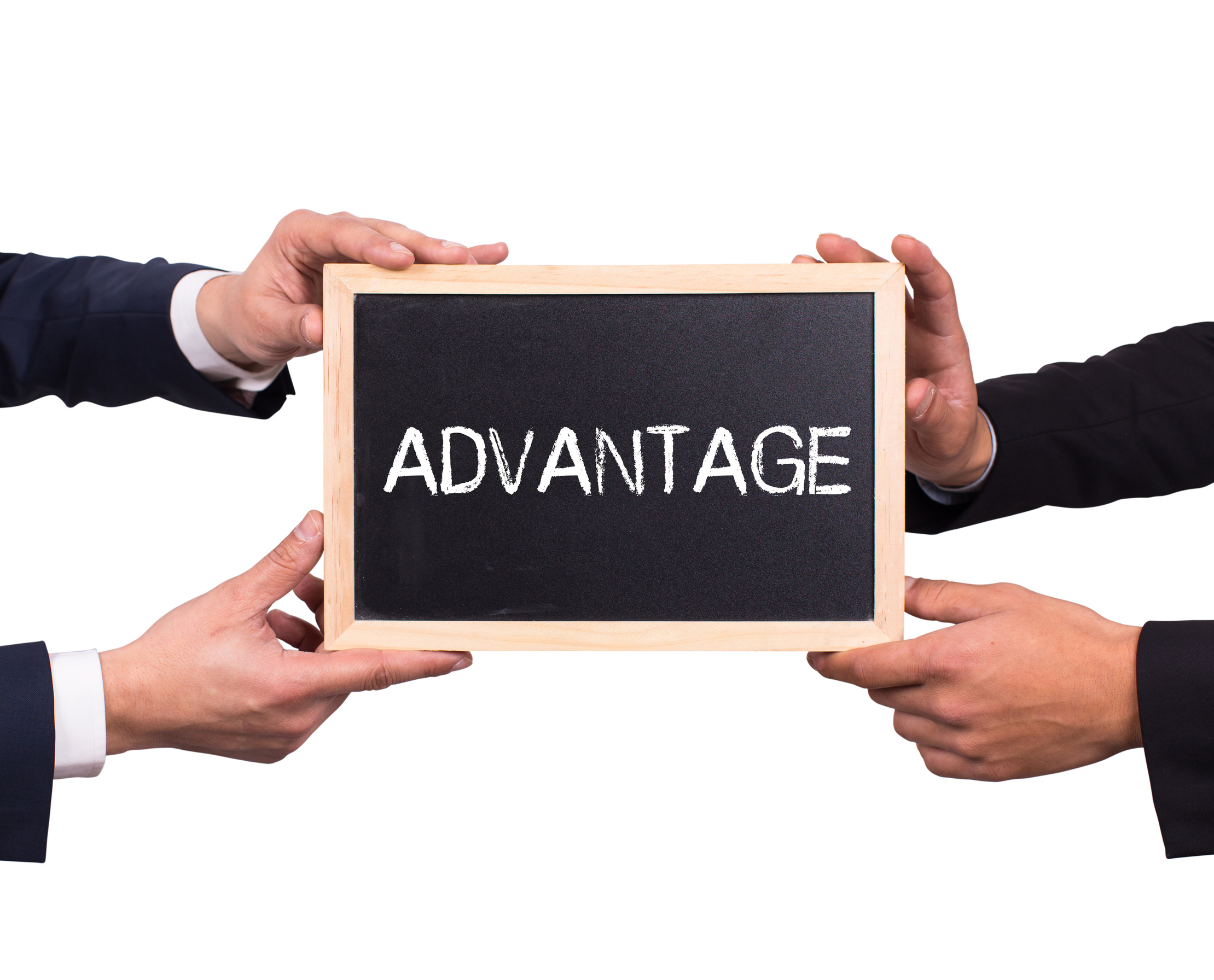 Two men holding mini blackboard with ADVANTAGE message